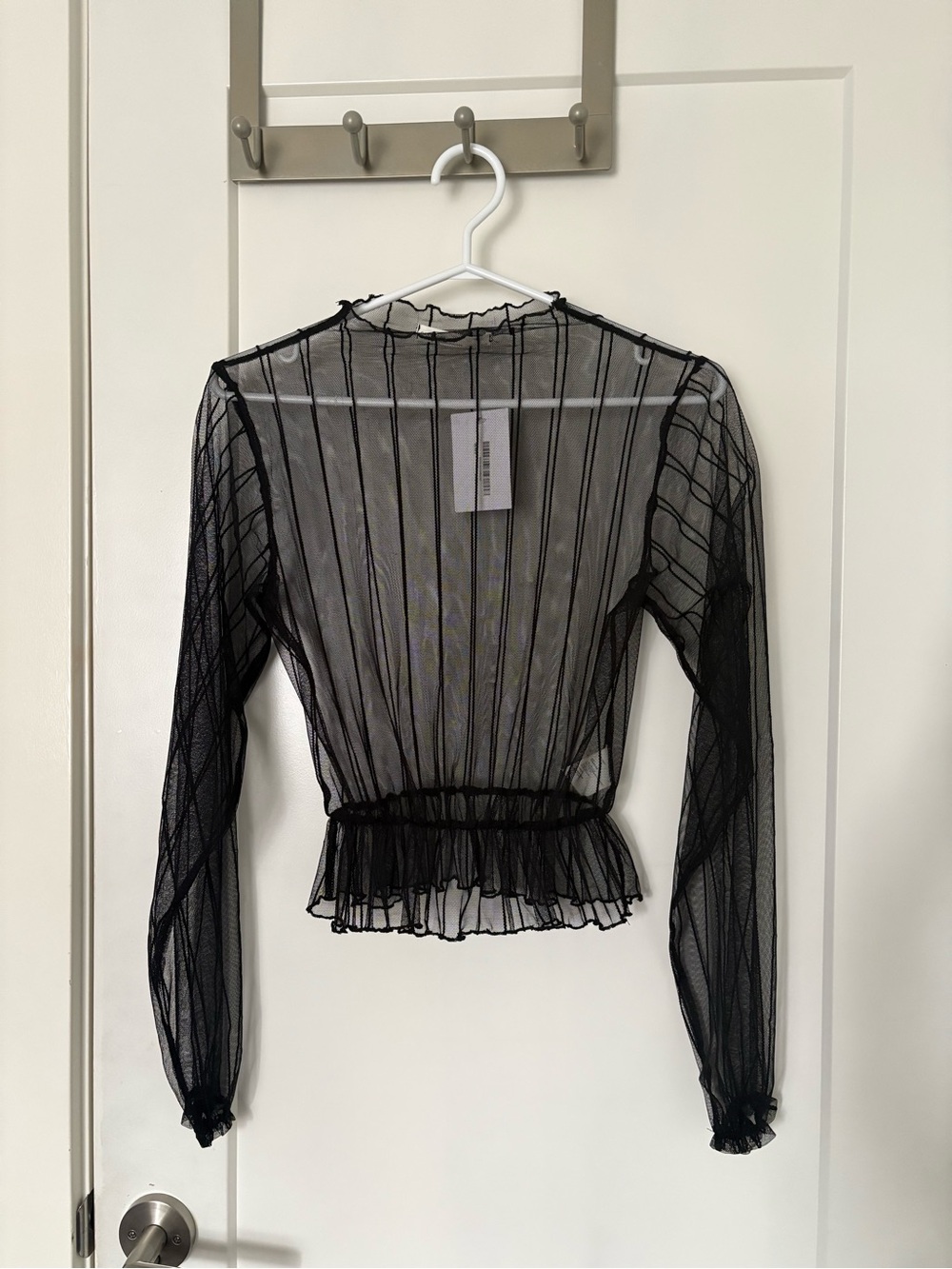 OAK + FORT Black Sheer Mesh Long-Sleeve Top with Ruffled Waist